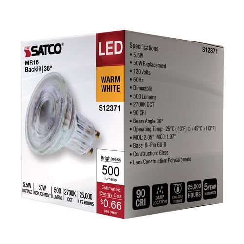 Main product image of 5.5W MR16 LED Floodlight, 2700K CCT, GU10 Base, 120V (12 Pack)