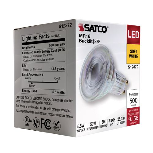 Main product image of 5.5W MR16 LED Floodlight, 3000K CCT, GU10 Base, 120V (12 Pack)