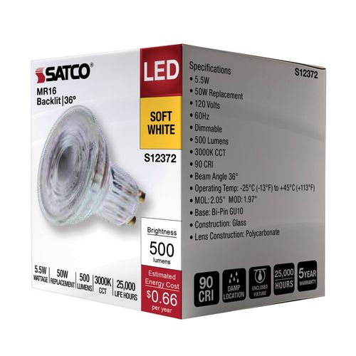 Main product image of 5.5W MR16 LED Floodlight, 3000K CCT, GU10 Base, 120V (12 Pack)