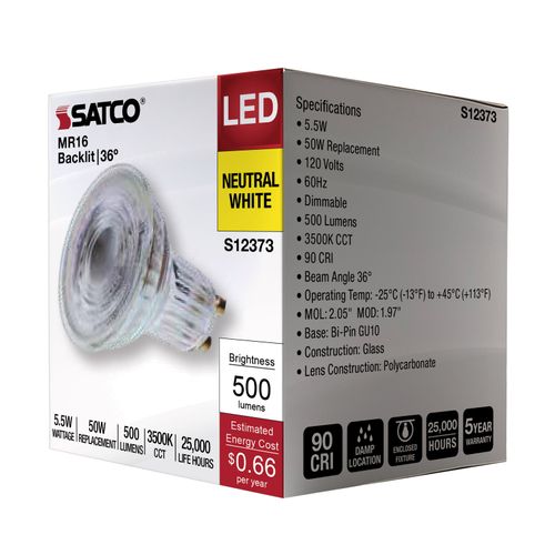 Main product image of 5.5W MR16 LED Floodlight, 3500K CCT, GU10 Base, 120V (12 Pack)