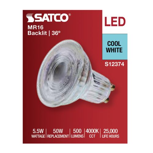 Main product image of 5.5W MR16 LED Floodlight, 4000K CCT, GU10 Base, 120V (12 Pack)