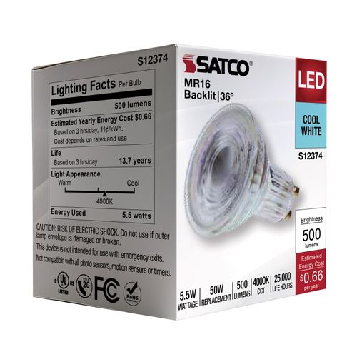 Main product image of 5.5W MR16 LED Floodlight, 4000K CCT, GU10 Base, 120V (12 Pack)