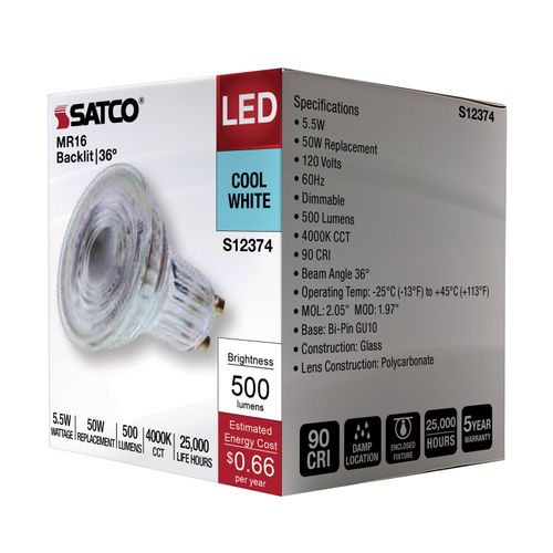 Main product image of 5.5W MR16 LED Floodlight, 4000K CCT, GU10 Base, 120V (12 Pack)