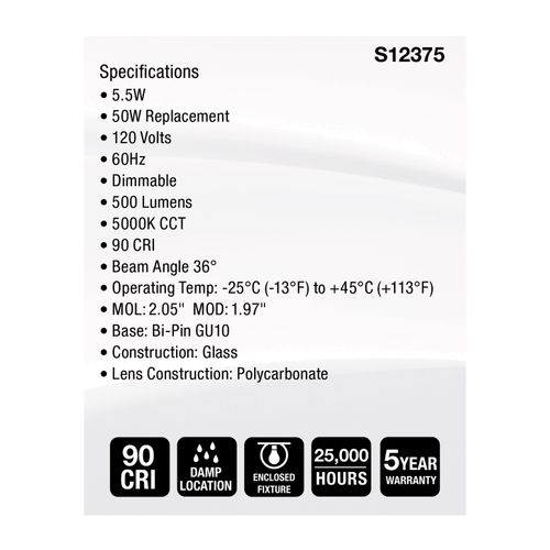 Main product image of 5.5W MR16 LED Floodlight, 5000K CCT, GU10 Base, 120V (12 Pack)