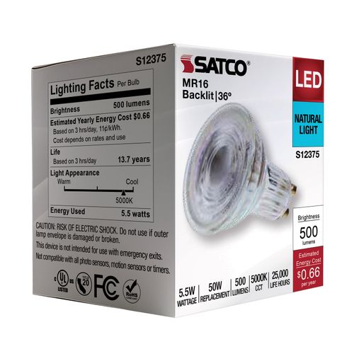 Main product image of 5.5W MR16 LED Floodlight, 5000K CCT, GU10 Base, 120V (12 Pack)