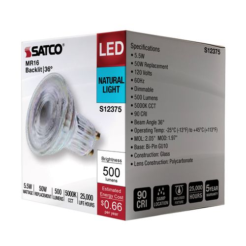 Main product image of 5.5W MR16 LED Floodlight, 5000K CCT, GU10 Base, 120V (12 Pack)
