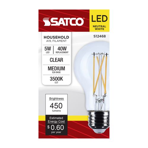 Main product image of 5W A19 LED, Medium Base, Clear, 3500K CCT, 120V (6 Pack)