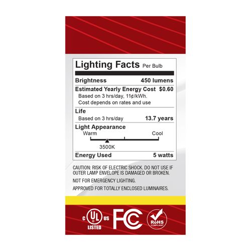 Main product image of 5W A19 LED, Medium Base, Clear, 3500K CCT, 120V (6 Pack)