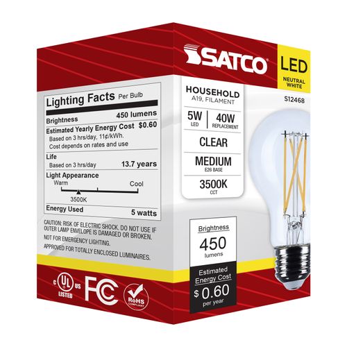 Main product image of 5W A19 LED, Medium Base, Clear, 3500K CCT, 120V (6 Pack)