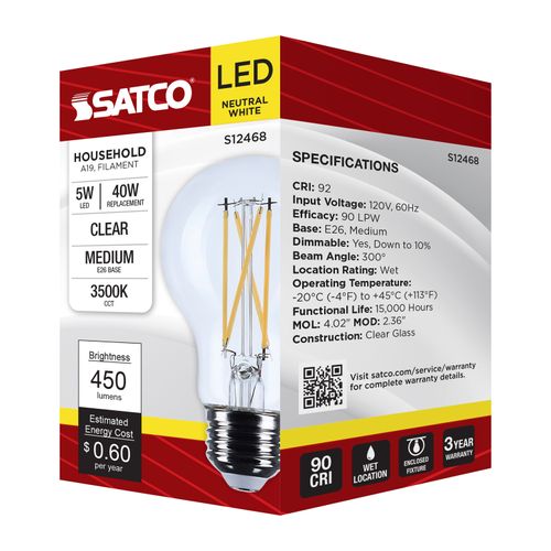 Main product image of 5W A19 LED, Medium Base, Clear, 3500K CCT, 120V (6 Pack)