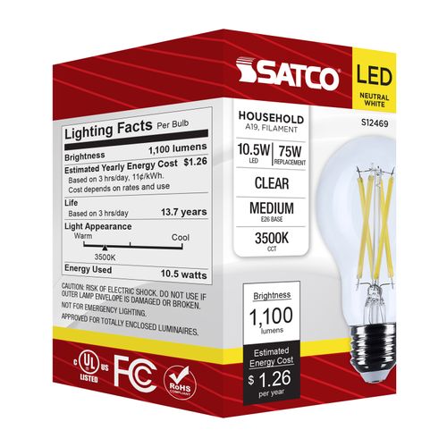 Main product image of 10.5W A19 LED, Medium Base, Clear, 3500K CCT, 120V (6 Pack)