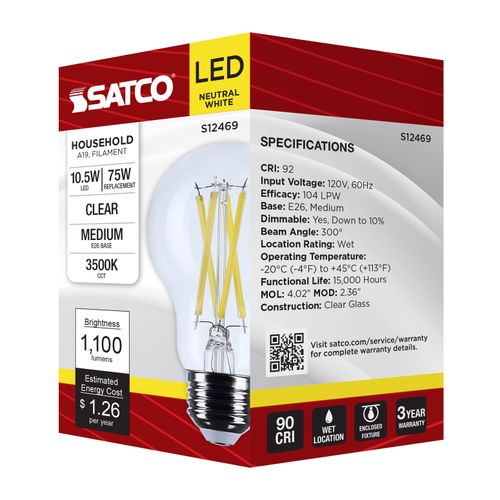 Main product image of 10.5W A19 LED, Medium Base, Clear, 3500K CCT, 120V (6 Pack)