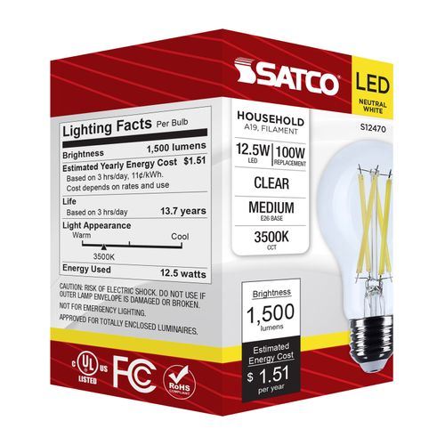 Main product image of 12.5W A19 LED, Medium Base, Clear, 3500K CCT, 120V (6 Pack)