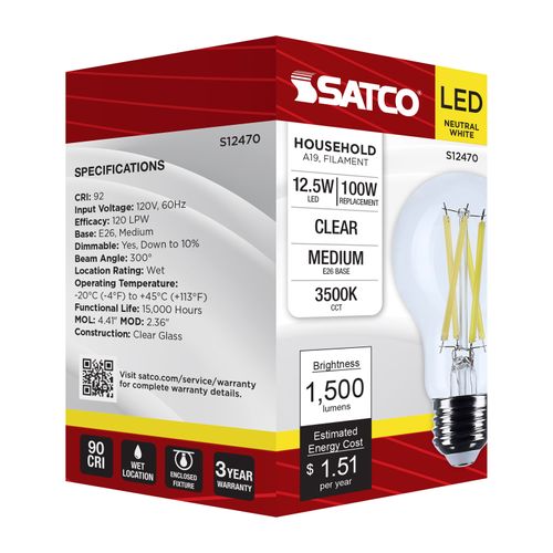 Main product image of 12.5W A19 LED, Medium Base, Clear, 3500K CCT, 120V (6 Pack)