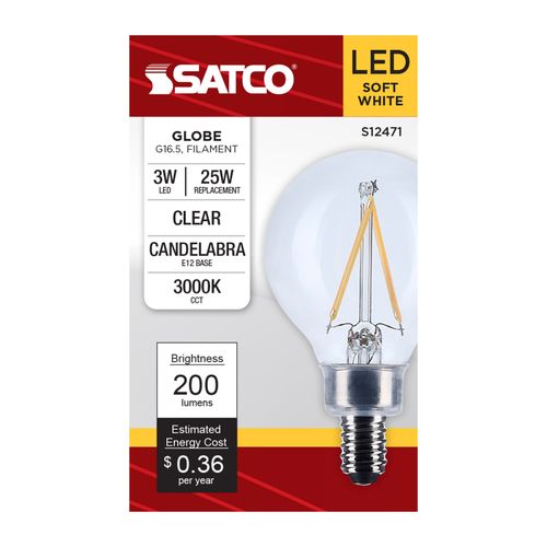 Main product image of 3W G16.5 LED, Candelabra Base, Clear, 3000K CCT, 120V (6 Pack)