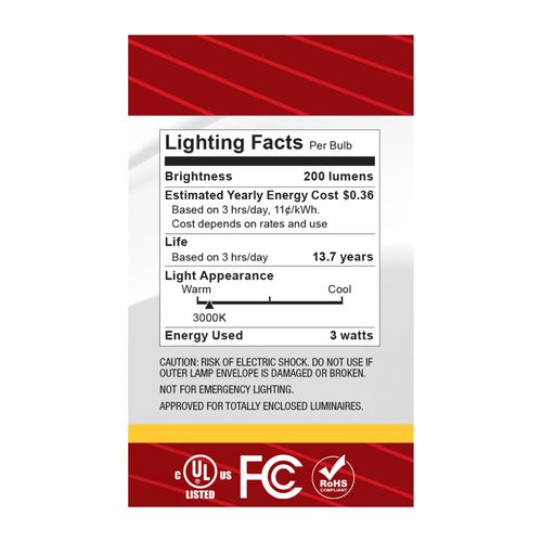 Main product image of 3W G16.5 LED, Candelabra Base, Clear, 3000K CCT, 120V (6 Pack)
