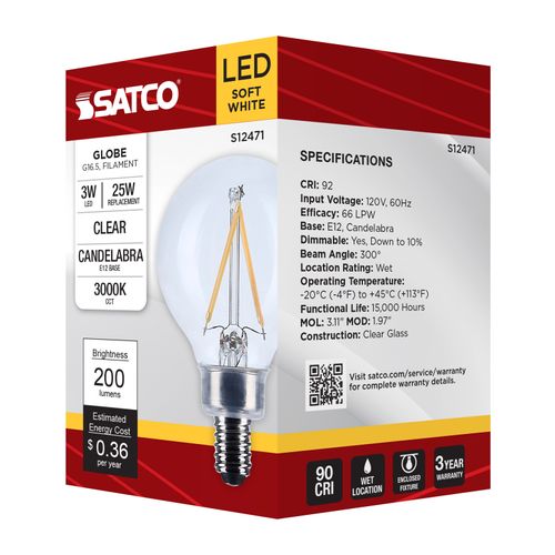 Main product image of 3W G16.5 LED, Candelabra Base, Clear, 3000K CCT, 120V (6 Pack)