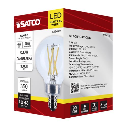 Main product image of 4W G16.5 LED, Candelabra Base, Clear, 3500K CCT, 120V (6 Pack)