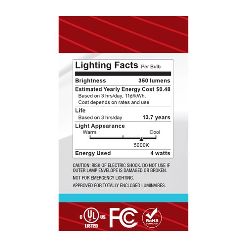 Main product image of 4W G16.5 LED, Candelabra Base, Clear, 5000K CCT, 120V (6 Pack)