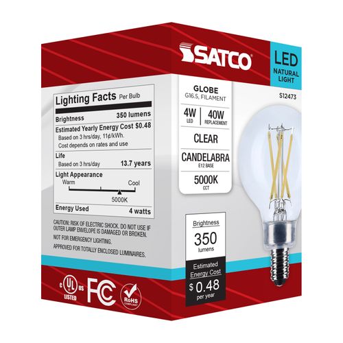 Main product image of 4W G16.5 LED, Candelabra Base, Clear, 5000K CCT, 120V (6 Pack)