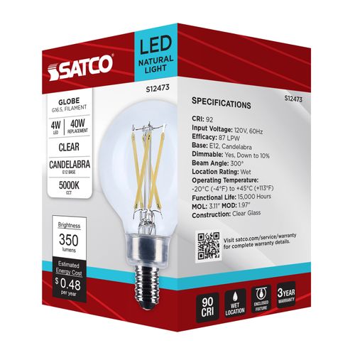 Main product image of 4W G16.5 LED, Candelabra Base, Clear, 5000K CCT, 120V (6 Pack)