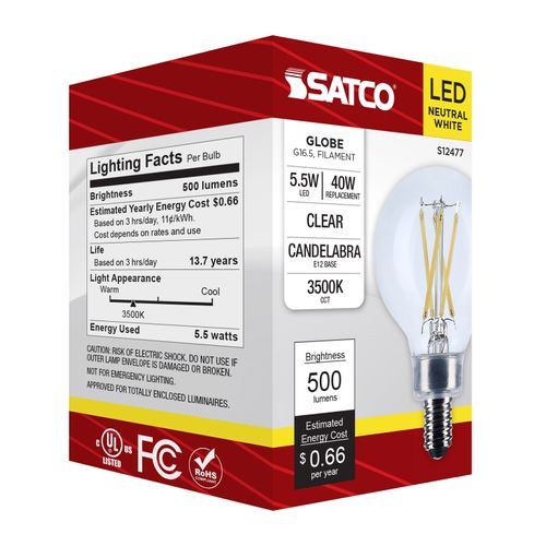 Main product image of 5.5W G16.5 LED, Candelabra Base, Clear, 3500K CCT, 120V (6 Pack)