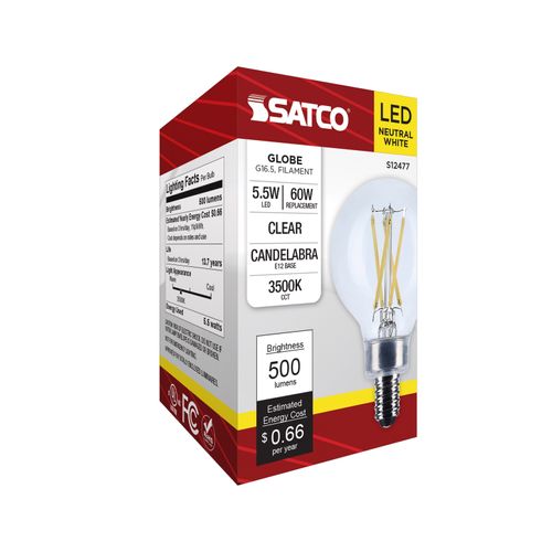 Main product image of 5.5W G16.5 LED, Candelabra Base, Clear, 3500K CCT, 120V (6 Pack)