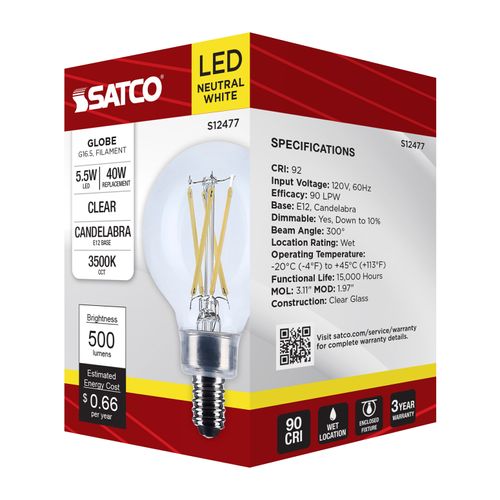 Main product image of 5.5W G16.5 LED, Candelabra Base, Clear, 3500K CCT, 120V (6 Pack)