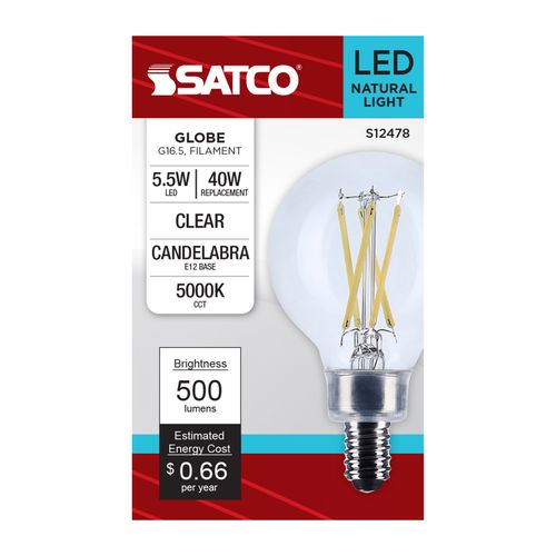 Main product image of 5.5W G16.5 LED, Candelabra Base, Clear, 5000K CCT, 120V (6 Pack)
