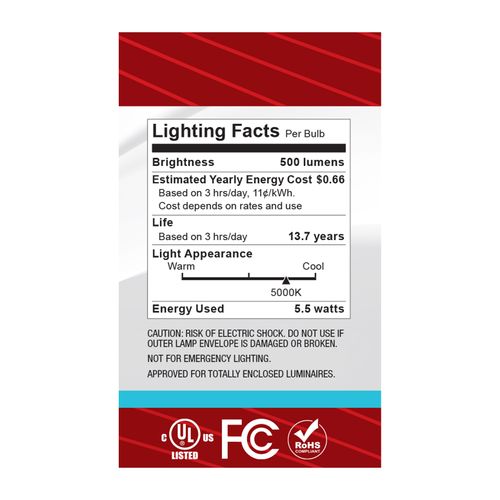 Main product image of 5.5W G16.5 LED, Candelabra Base, Clear, 5000K CCT, 120V (6 Pack)