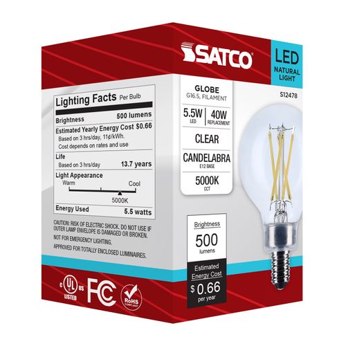 Main product image of 5.5W G16.5 LED, Candelabra Base, Clear, 5000K CCT, 120V (6 Pack)