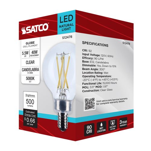 Main product image of 5.5W G16.5 LED, Candelabra Base, Clear, 5000K CCT, 120V (6 Pack)