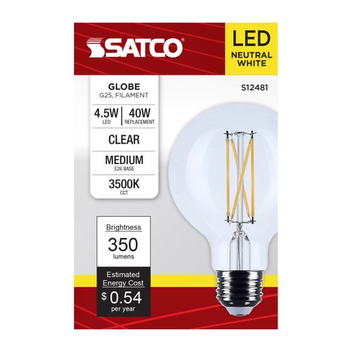 Main product image of 4.5W G25 LED, Medium Base, Clear, 3500K CCT, 120V (6 Pack)