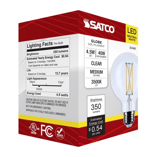 Main product image of 4.5W G25 LED, Medium Base, Clear, 3500K CCT, 120V (6 Pack)