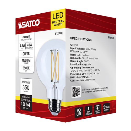Main product image of 4.5W G25 LED, Medium Base, Clear, 3500K CCT, 120V (6 Pack)