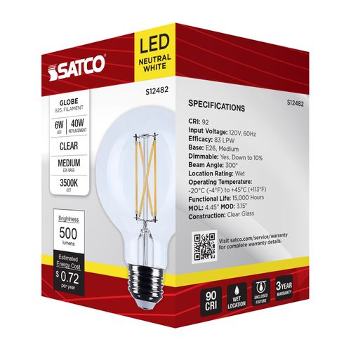 Main product image of 6W G25 LED, Medium Base, Clear, 3500K CCT, 120V (6 Pack)