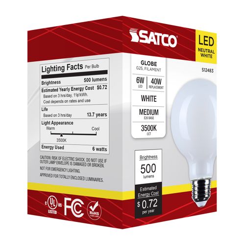 Main product image of 6W G25 LED, Medium Base, White Finish, 3500K CCT, 120V (6 Pack)