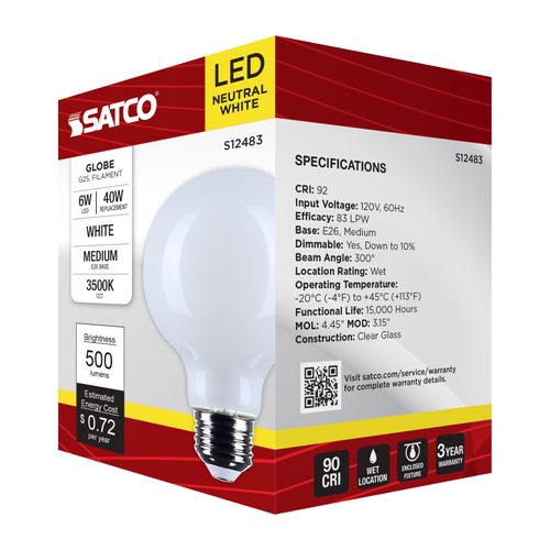 Main product image of 6W G25 LED, Medium Base, White Finish, 3500K CCT, 120V (6 Pack)