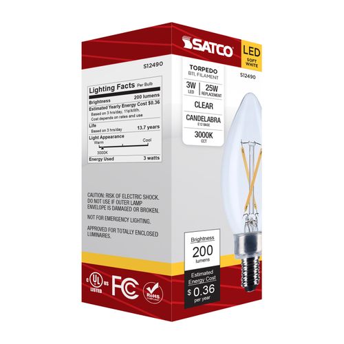 Main product image of 3W B11 LED, Candelabra Base, Clear, 3000K CCT, 120V (6 Pack)