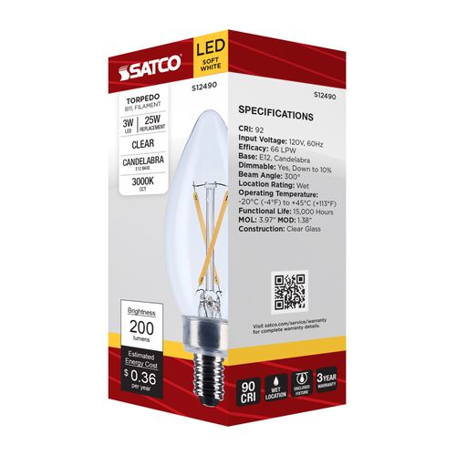 Main product image of 3W B11 LED, Candelabra Base, Clear, 3000K CCT, 120V (6 Pack)