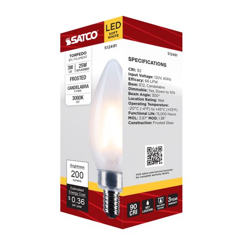 Main product image of 3W B11 LED, Candelabra Base, Frost Finish, 3000K CCT, 120V (6 Pack)