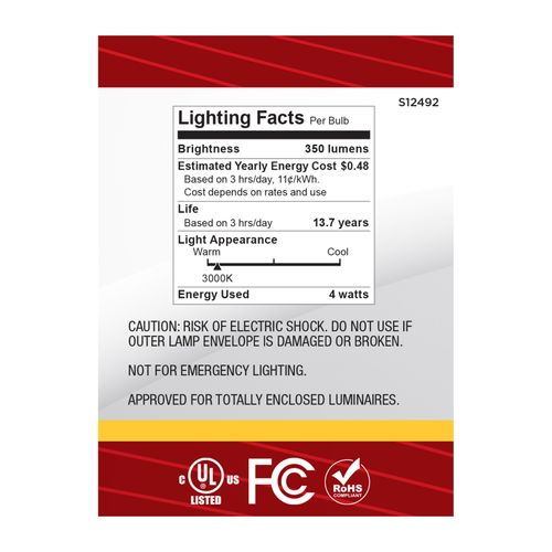 Main product image of 4W B11 LED, Candelabra Base, Clear, 3000K CCT, 120V, 10-pk