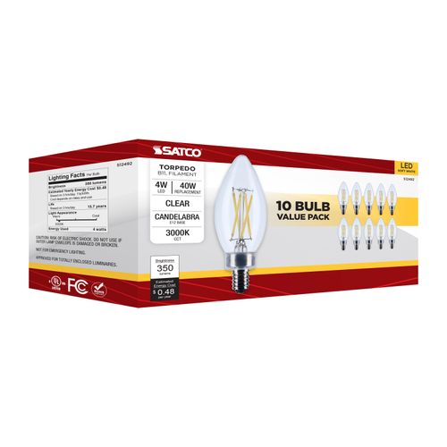 Main product image of 4W B11 LED, Candelabra Base, Clear, 3000K CCT, 120V, 10-pk