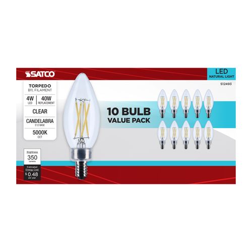 Main product image of 4W B11 LED, Candelabra Base, Clear, 5000K CCT, 120V, 10-pk