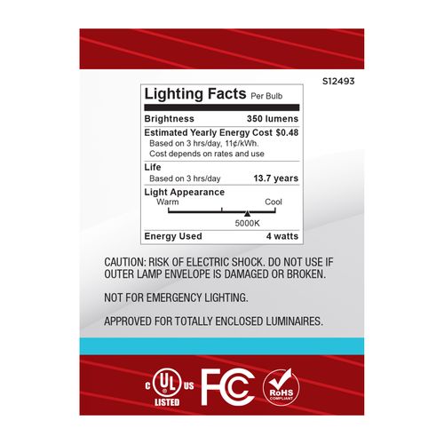 Main product image of 4W B11 LED, Candelabra Base, Clear, 5000K CCT, 120V, 10-pk