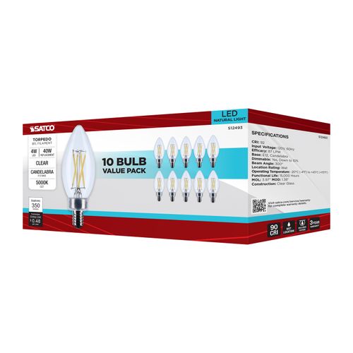 Main product image of 4W B11 LED, Candelabra Base, Clear, 5000K CCT, 120V, 10-pk