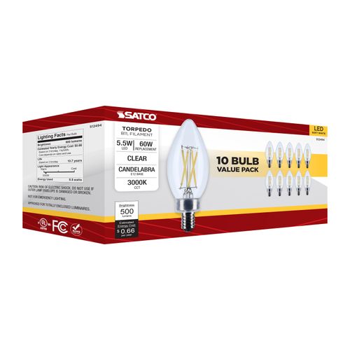 Main product image of 5.5W B11 LED, Candelabra Base, Clear, 3000K CCT, 120V, 10-pk