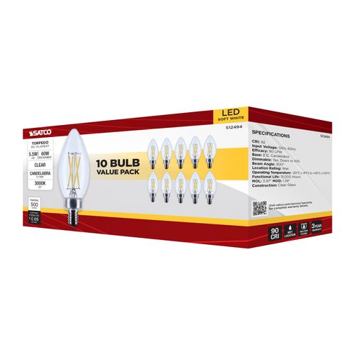 Main product image of 5.5W B11 LED, Candelabra Base, Clear, 3000K CCT, 120V, 10-pk