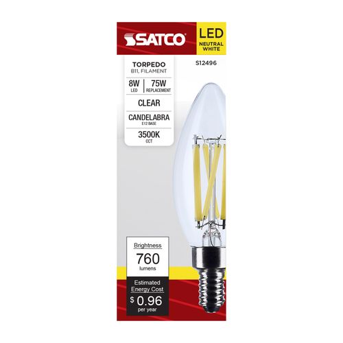 Main product image of 8W B11 LED, Candelabra Base, Candle-Tip, Clear, 3500K CCT, 120V (6 Pack)