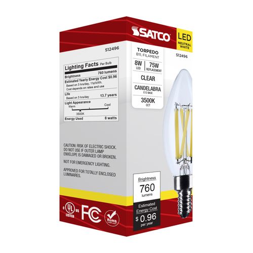 Main product image of 8W B11 LED, Candelabra Base, Candle-Tip, Clear, 3500K CCT, 120V (6 Pack)